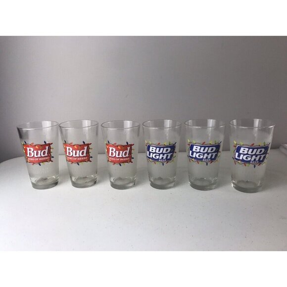 Set Of 6 Budweiser Seasons Greetings Bud King Of Beers & Bud Light Glasses - Picture 1 of 7